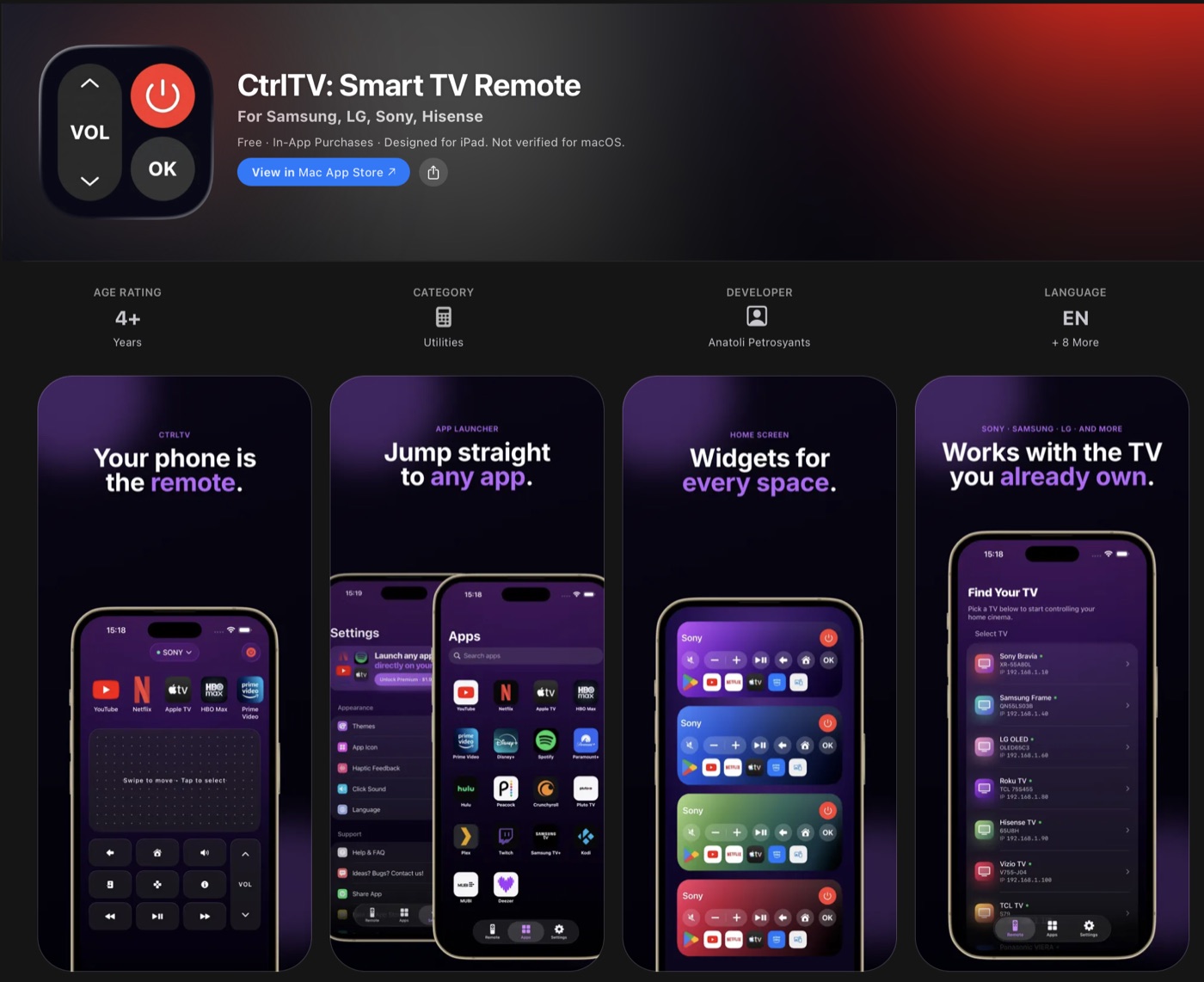 Screenshots of the CtrlTV: Smart TV Remote iOS app