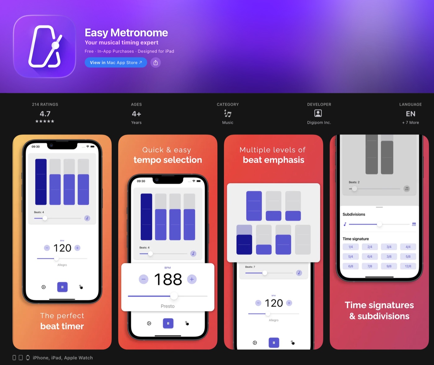 Screenshots of the Easy Metronome iOS app