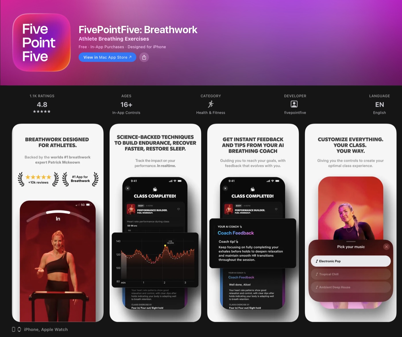 Screenshots of the FivePointFive: Breathwork iOS app
