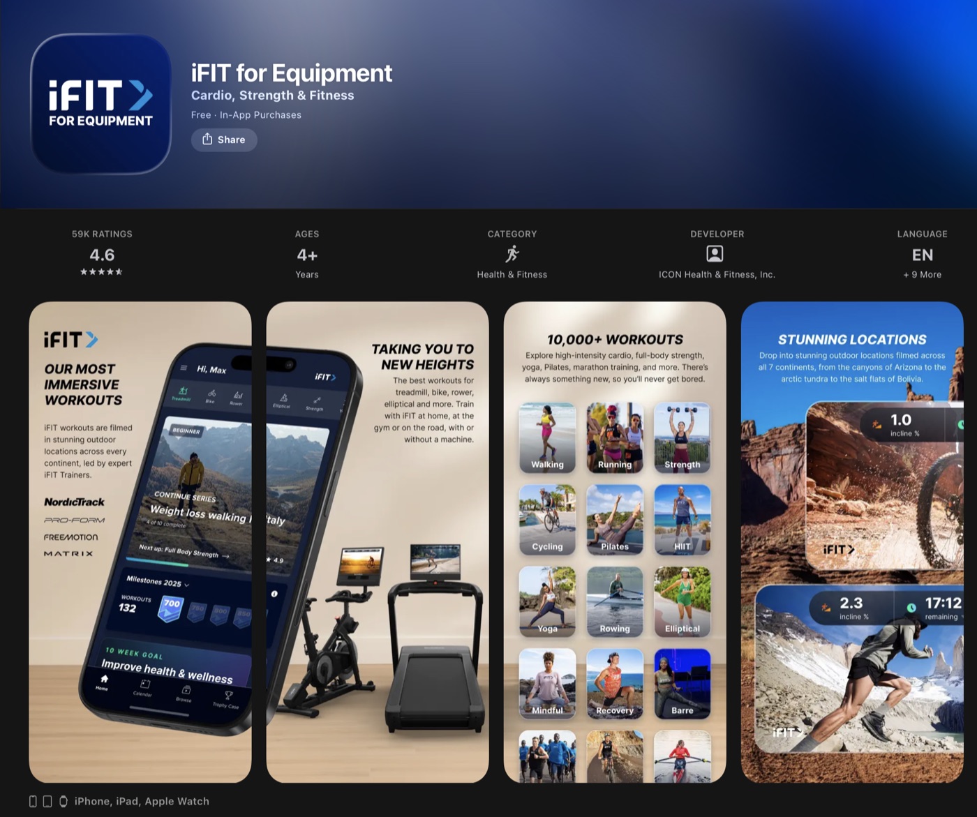 Screenshots of the iFIT Workouts iOS app