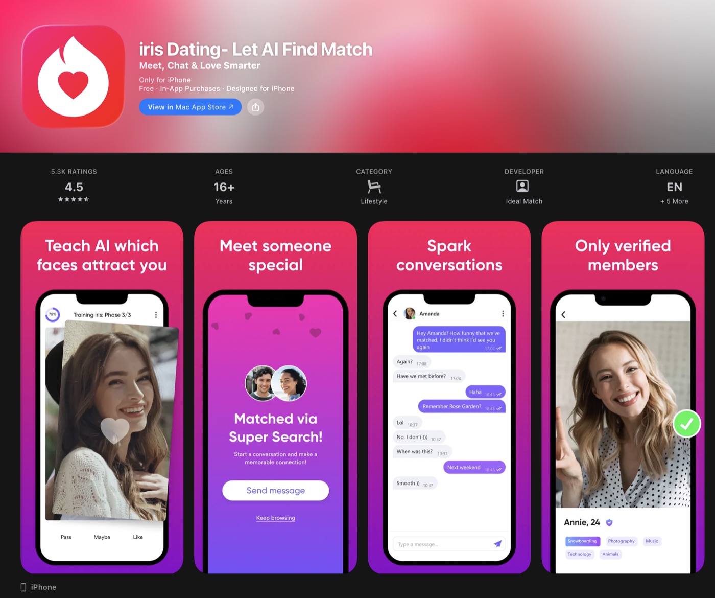 Screenshots of the iris Dating iOS app