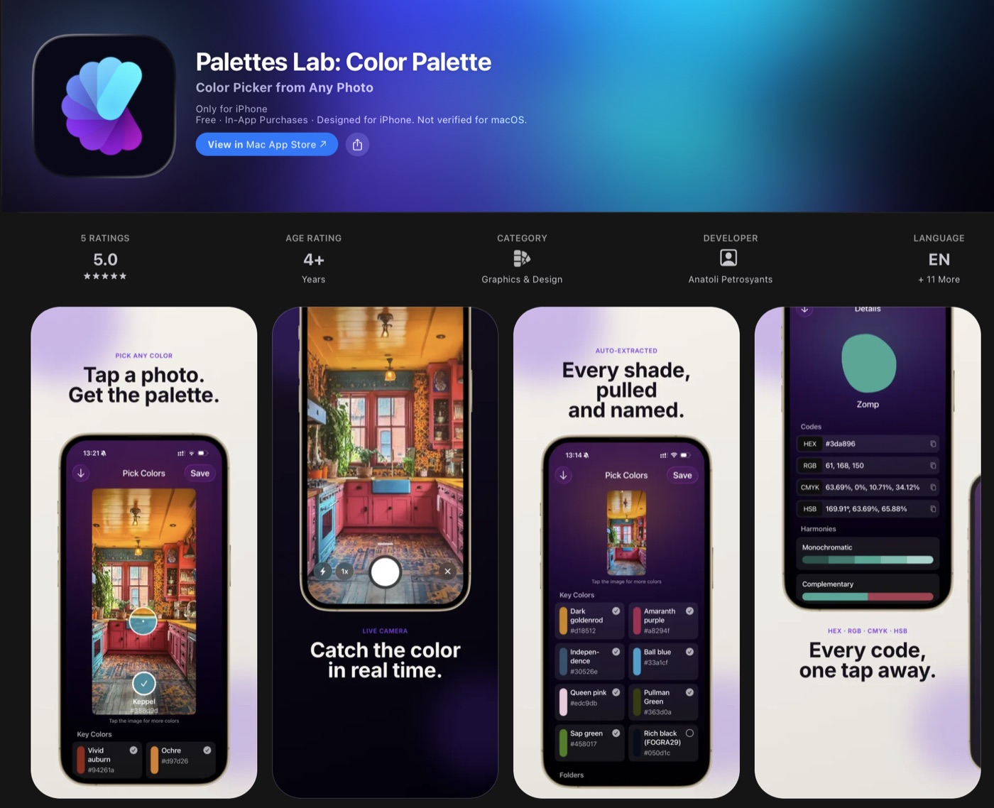 Screenshots of the Palettes Lab iOS app