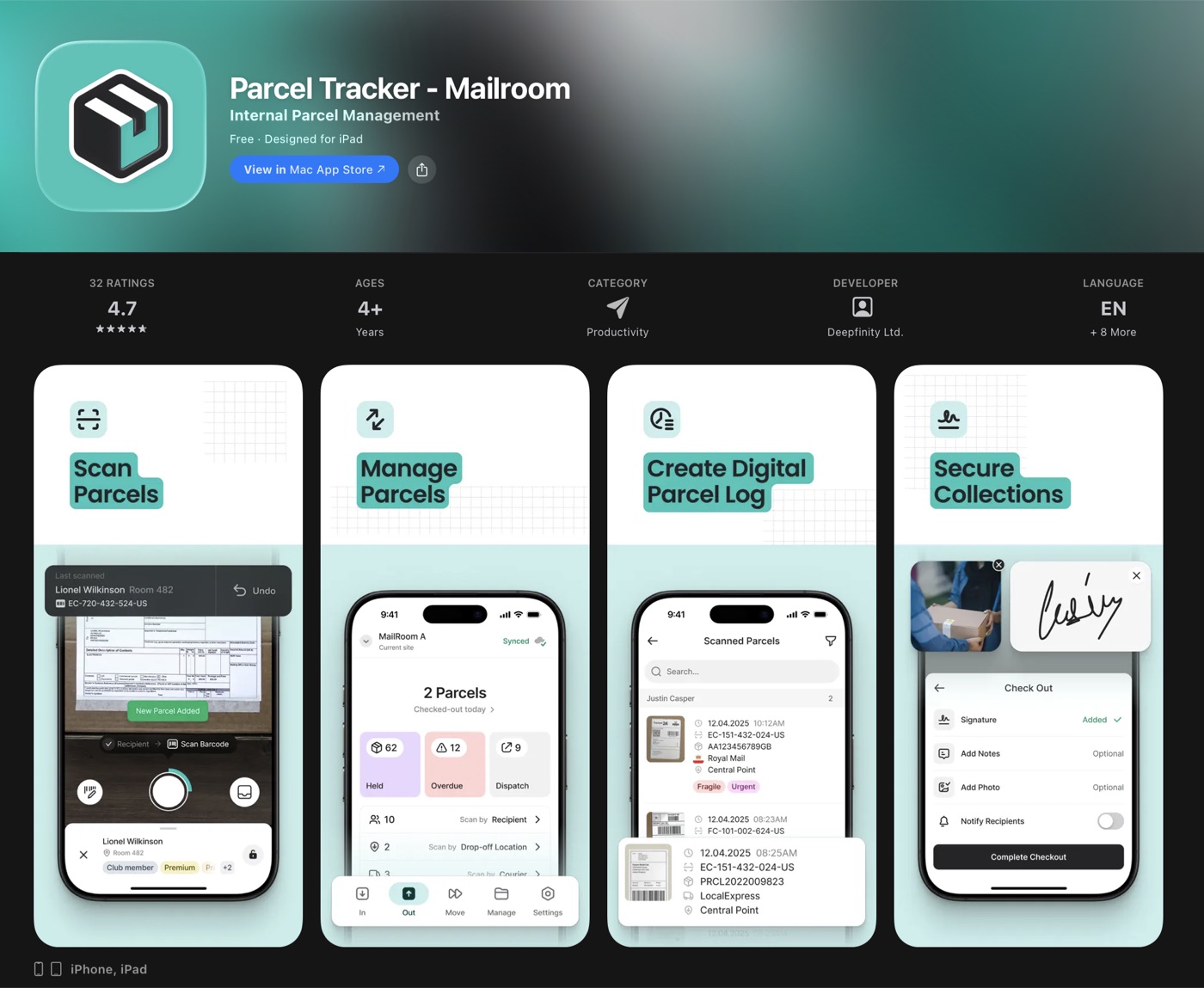 Screenshots of the Parcel Tracker - Mailroom iOS app
